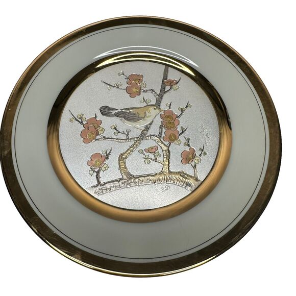 Vintage Art Of Chokin Plate 24k Rims “Early Spring Plum & Nightingale” Bird 10" - Picture 4 of 11